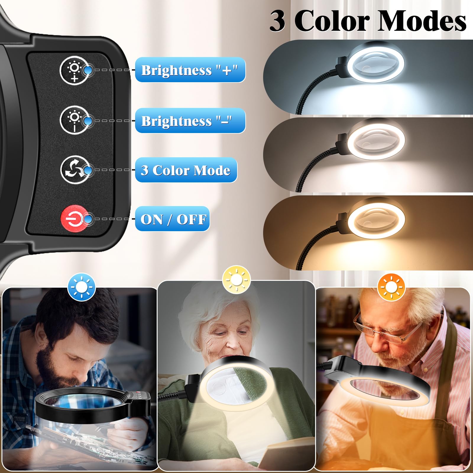 30X 10X Magnifying Glass with Light, 72 LED, Dimmable, Hands-Free Desk Lamp, Medium Size, Black