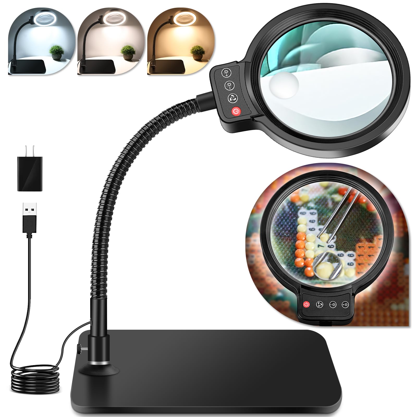 30X 10X Magnifying Glass with Light, 72 LED, Dimmable, Hands-Free Desk Lamp, Medium Size, Black