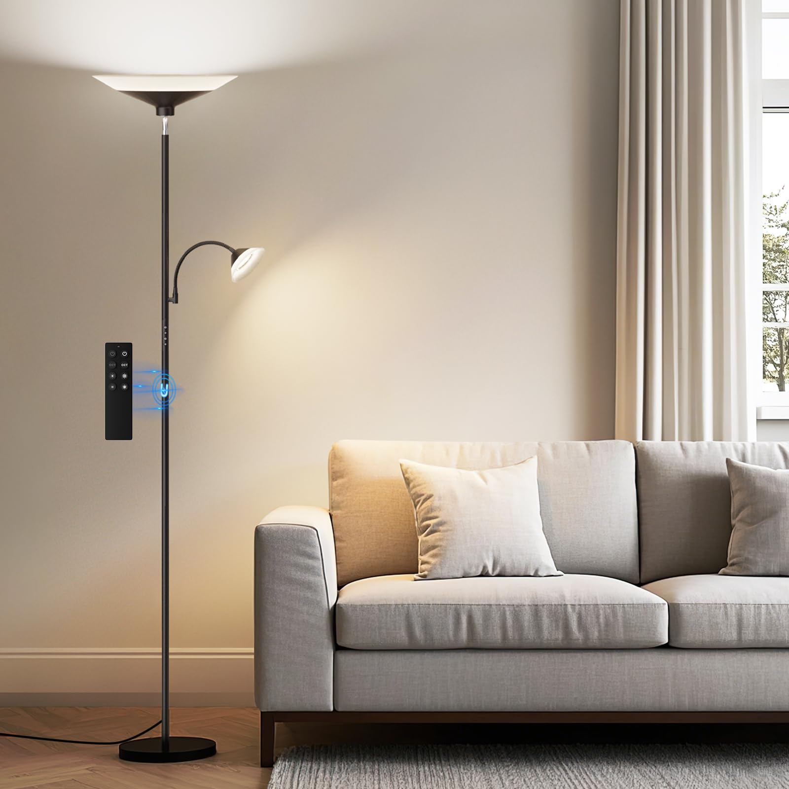 2-in-1 Torchiere Floor Lamp, Dimmable, Remote & Touch Control, 34W, Black, Modern Corner Lighting for Home