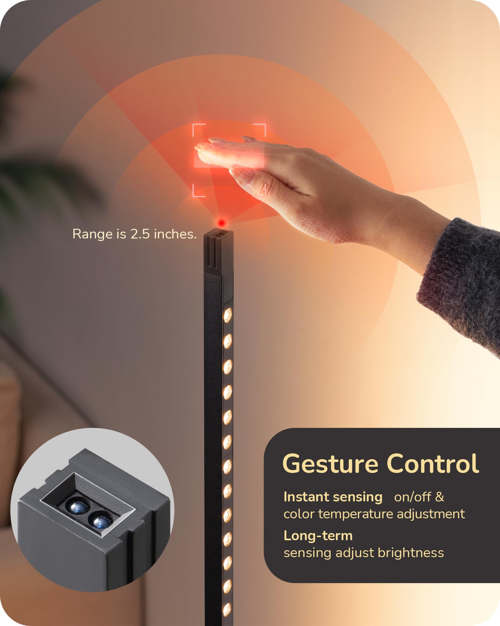 LED Corner Floor Lamp, Standing Light with Motion Sensor, 2700K-6500K Eye Caring Dimmable Lamps with Remote Control