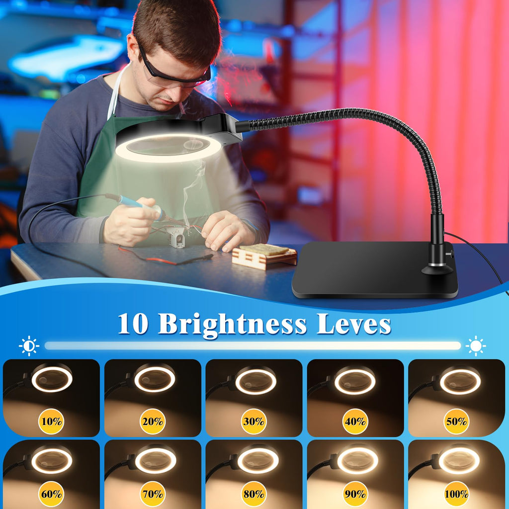30X 10X Magnifying Glass with Light, 72 LED, Dimmable, Hands-Free Desk Lamp, Medium Size, Black