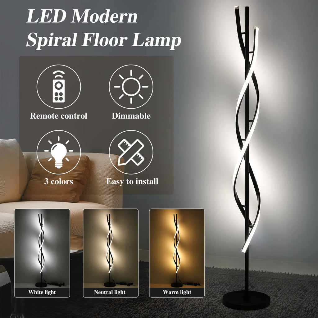 Modern Spiral Floor Lamp, 53" Black Dimmable LED Corner Lamp with Remote Control