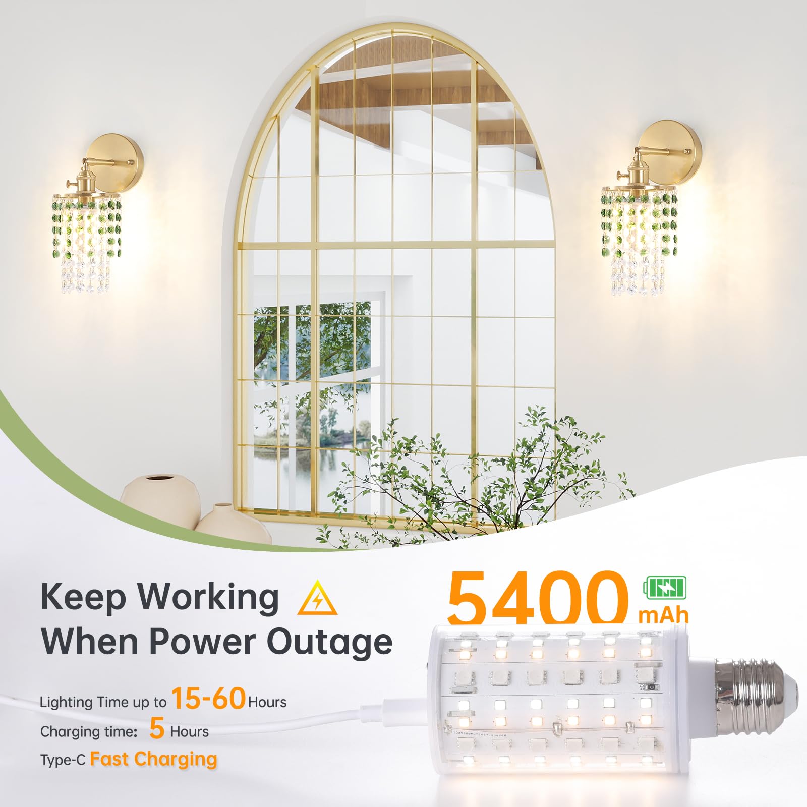 Crystal Wall Sconce Set of 2, Rechargeable, Dimmable, 5400mAh Battery, Green-Gold Base, Modern Design for Bedroom & Bathroom