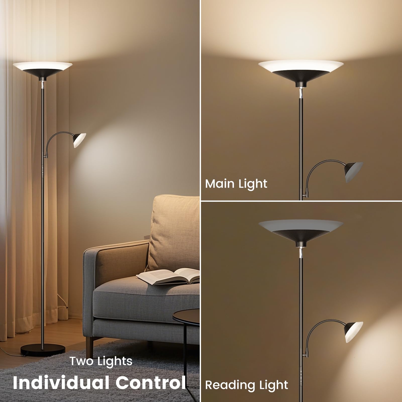 2-in-1 Torchiere Floor Lamp, Dimmable, Remote & Touch Control, 34W, Black, Modern Corner Lighting for Home