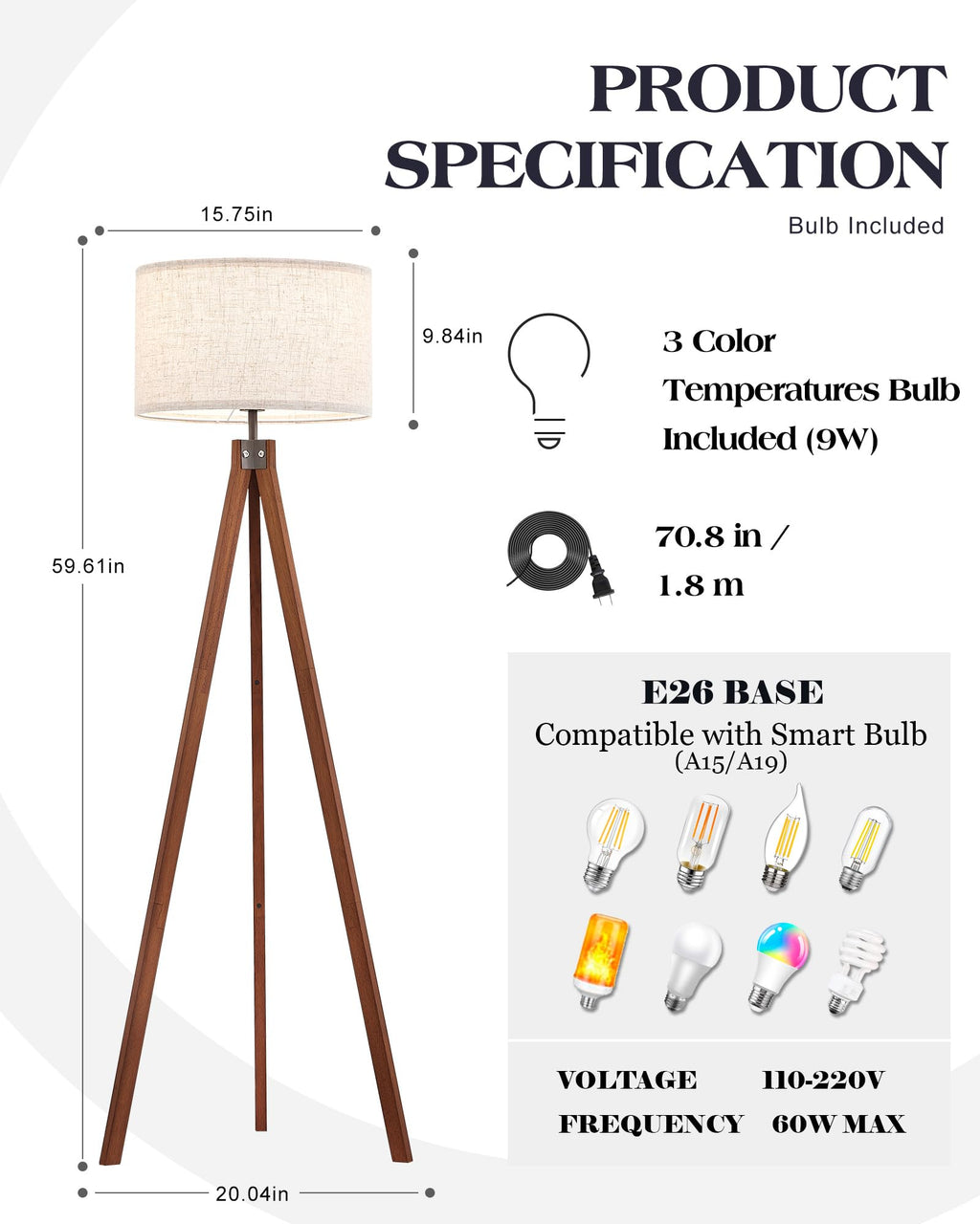 Solid Wood Tripod Floor Lamp, Mid Century Modern with 3 Color Temperatures, Brown, Nature Linen Shade for Bedroom & Office