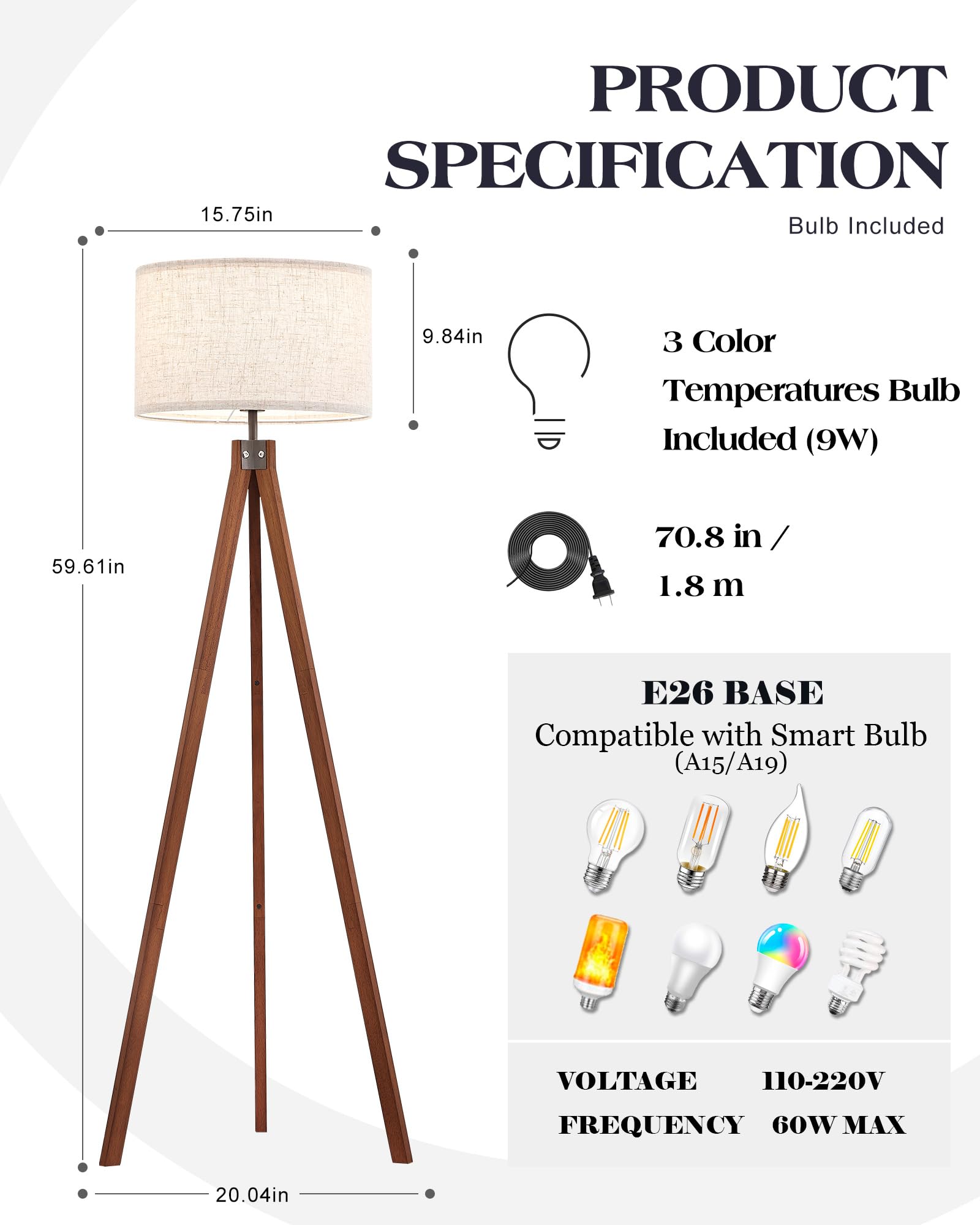 Solid Wood Tripod Floor Lamp, Mid Century Modern with 3 Color Temperatures, Brown, Nature Linen Shade for Bedroom & Office