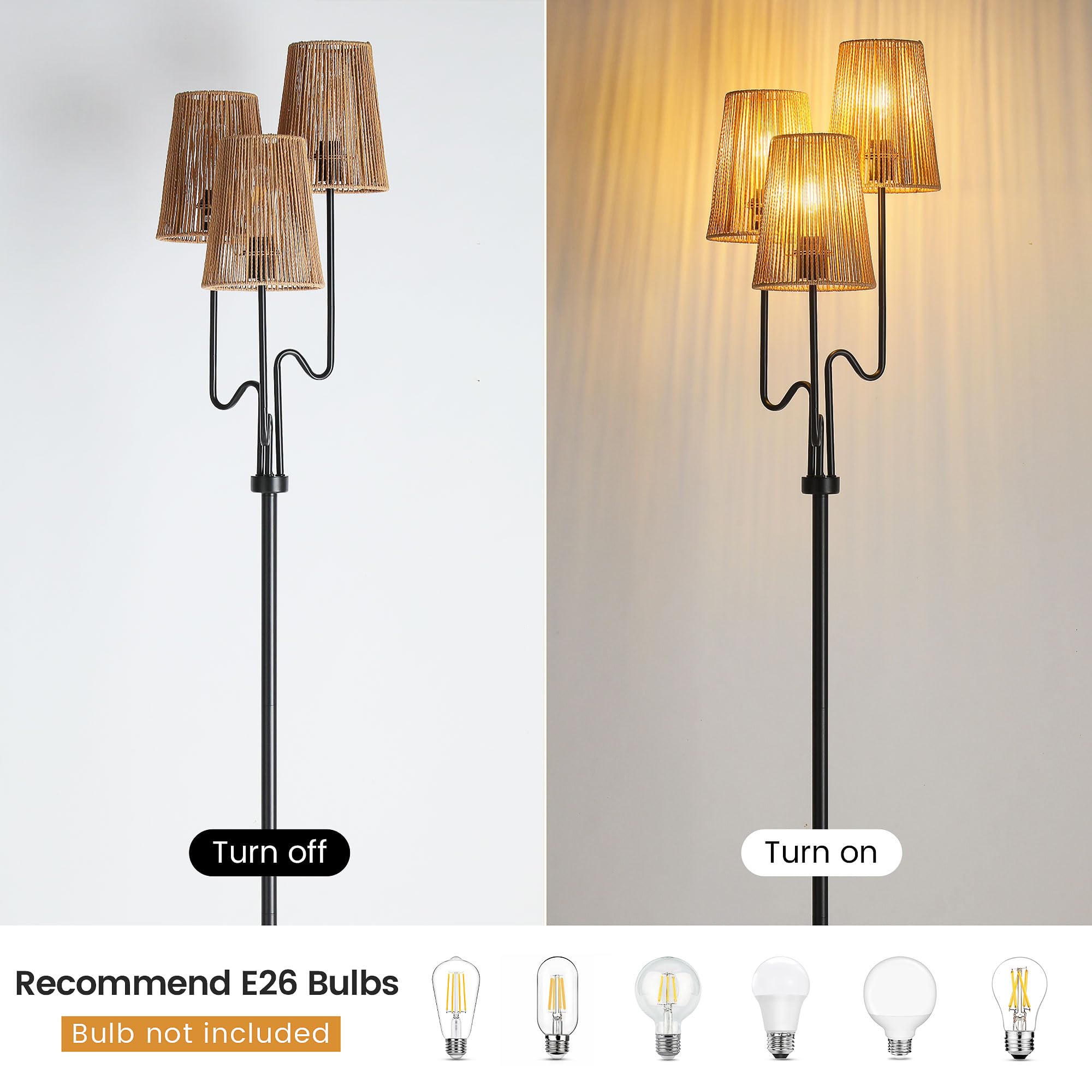 Floor Lamp - 68in Rattan Shade, 3 Light Tree Design, Black, Metal & Woven, Ideal for Rustic & Coastal Decor
