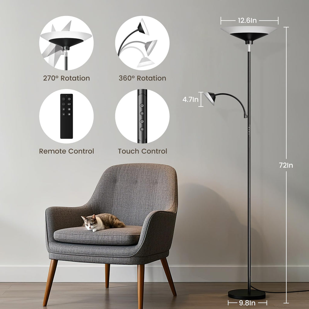 2-in-1 Torchiere Floor Lamp, Dimmable, Remote & Touch Control, 34W, Black, Modern Corner Lighting for Home