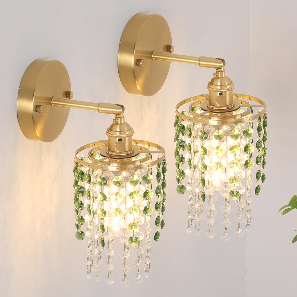 Crystal Wall Sconce Set of 2, Rechargeable, Dimmable, 5400mAh Battery, Green-Gold Base, Modern Design for Bedroom & Bathroom