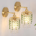 Crystal Wall Sconce Set of 2, Rechargeable, Dimmable, 5400mAh Battery, Green-Gold Base, Modern Design for Bedroom & Bathroom