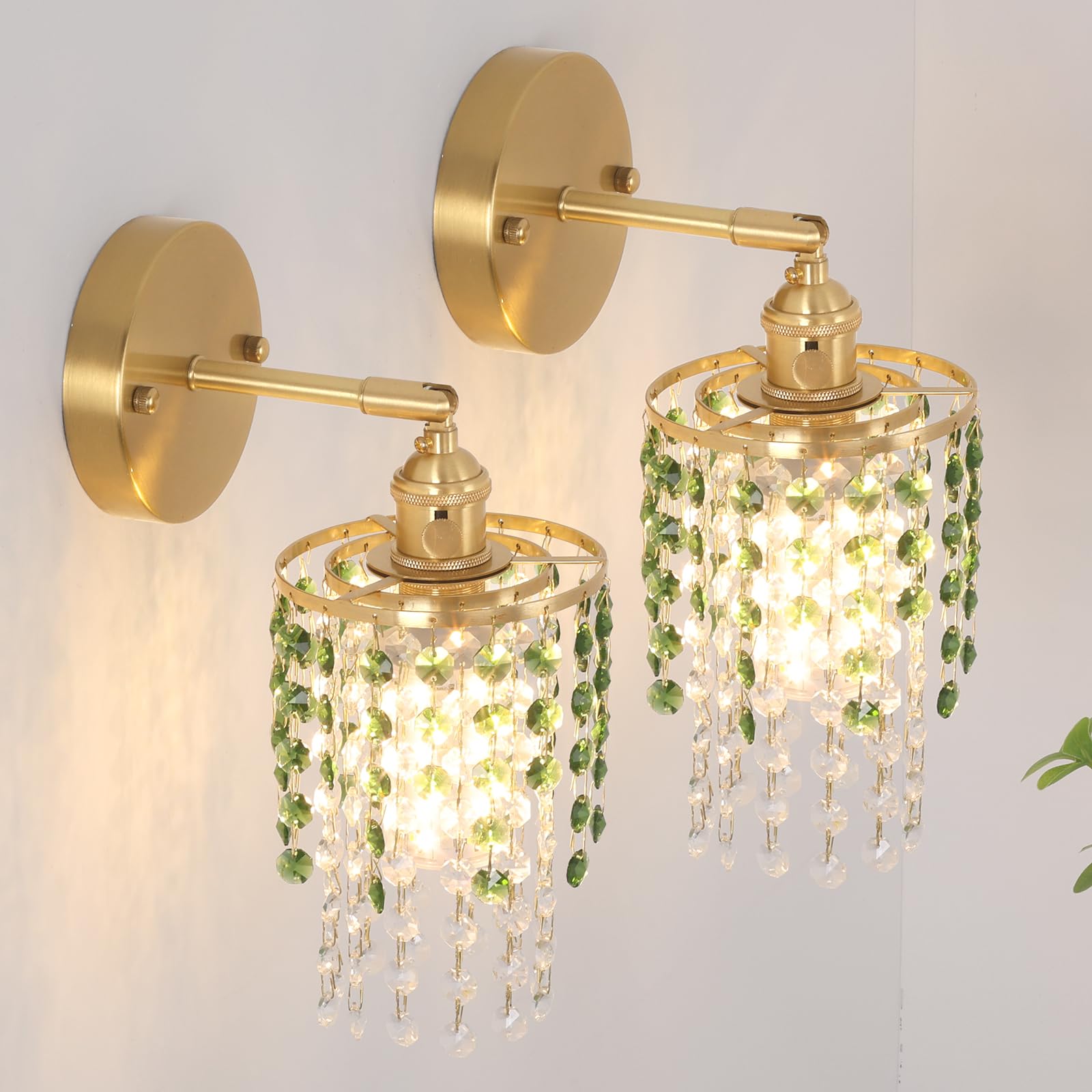 Crystal Wall Sconce Set of 2, Rechargeable, Dimmable, 5400mAh Battery, Green-Gold Base, Modern Design for Bedroom & Bathroom