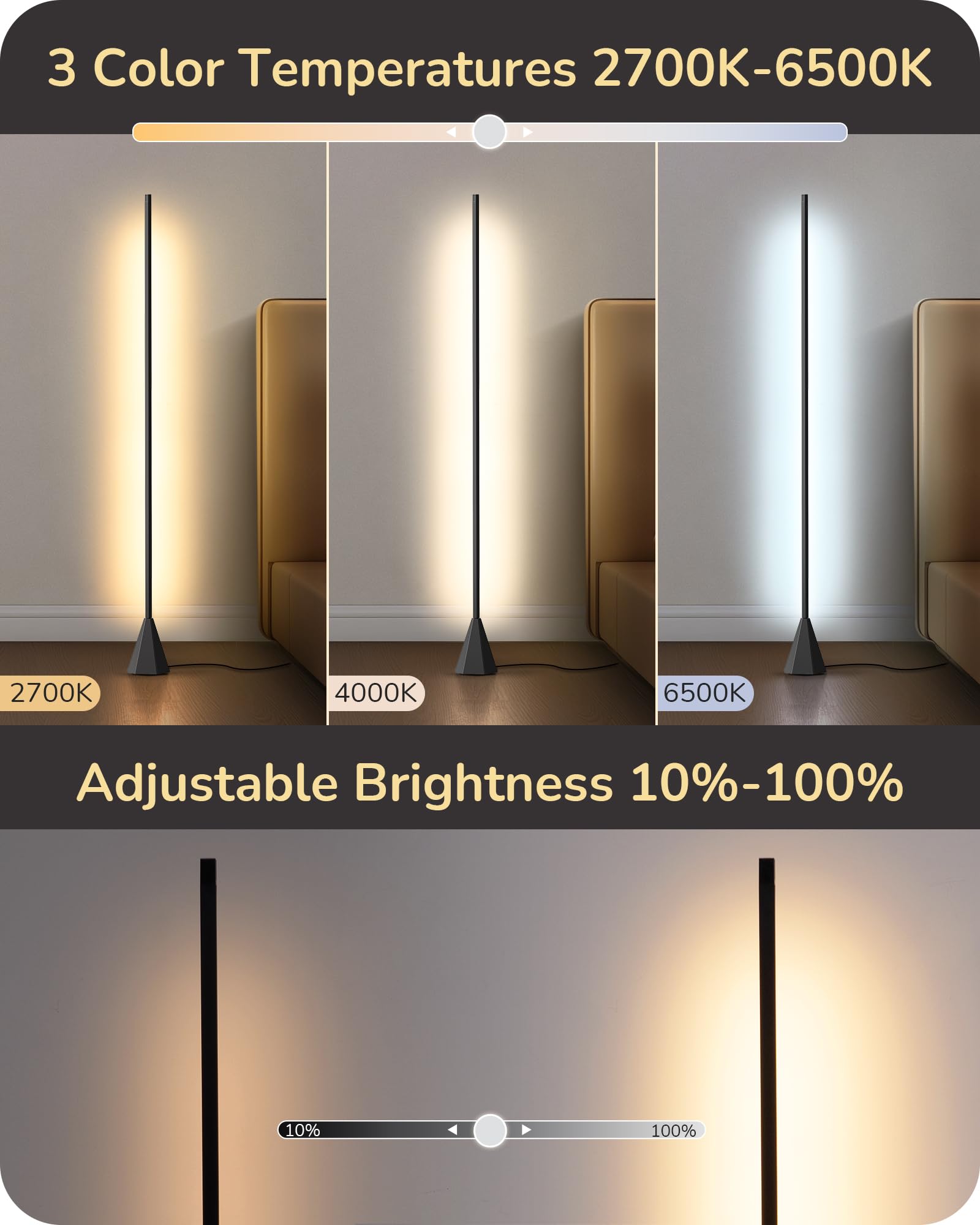 LED Corner Floor Lamp, Standing Light with Motion Sensor, 2700K-6500K Eye Caring Dimmable Lamps with Remote Control