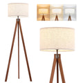 Solid Wood Tripod Floor Lamp, Mid Century Modern with 3 Color Temperatures, Brown, Nature Linen Shade for Bedroom & Office