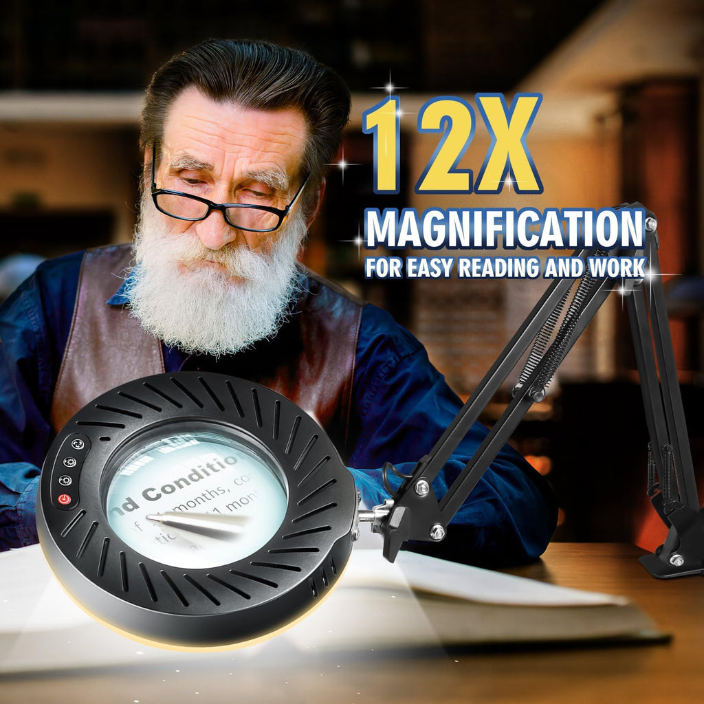 12X Magnifying Glass with Light, 144 LEDs, 10 Dimmable Brightness, Black, Hands-Free Desk Lamp for Crafts