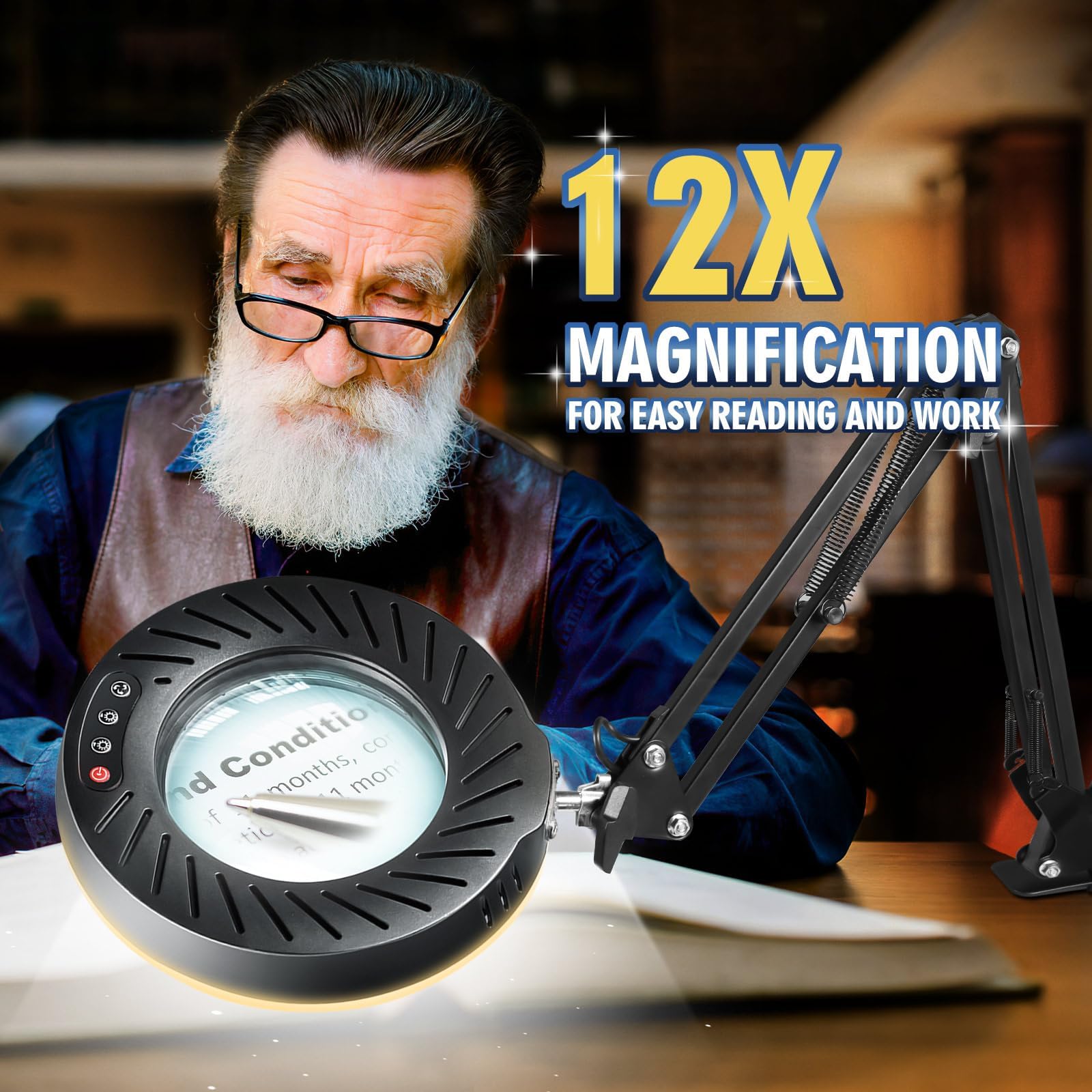 12X Magnifying Glass with Light, 144 LEDs, 10 Dimmable Brightness, Black, Hands-Free Desk Lamp for Crafts