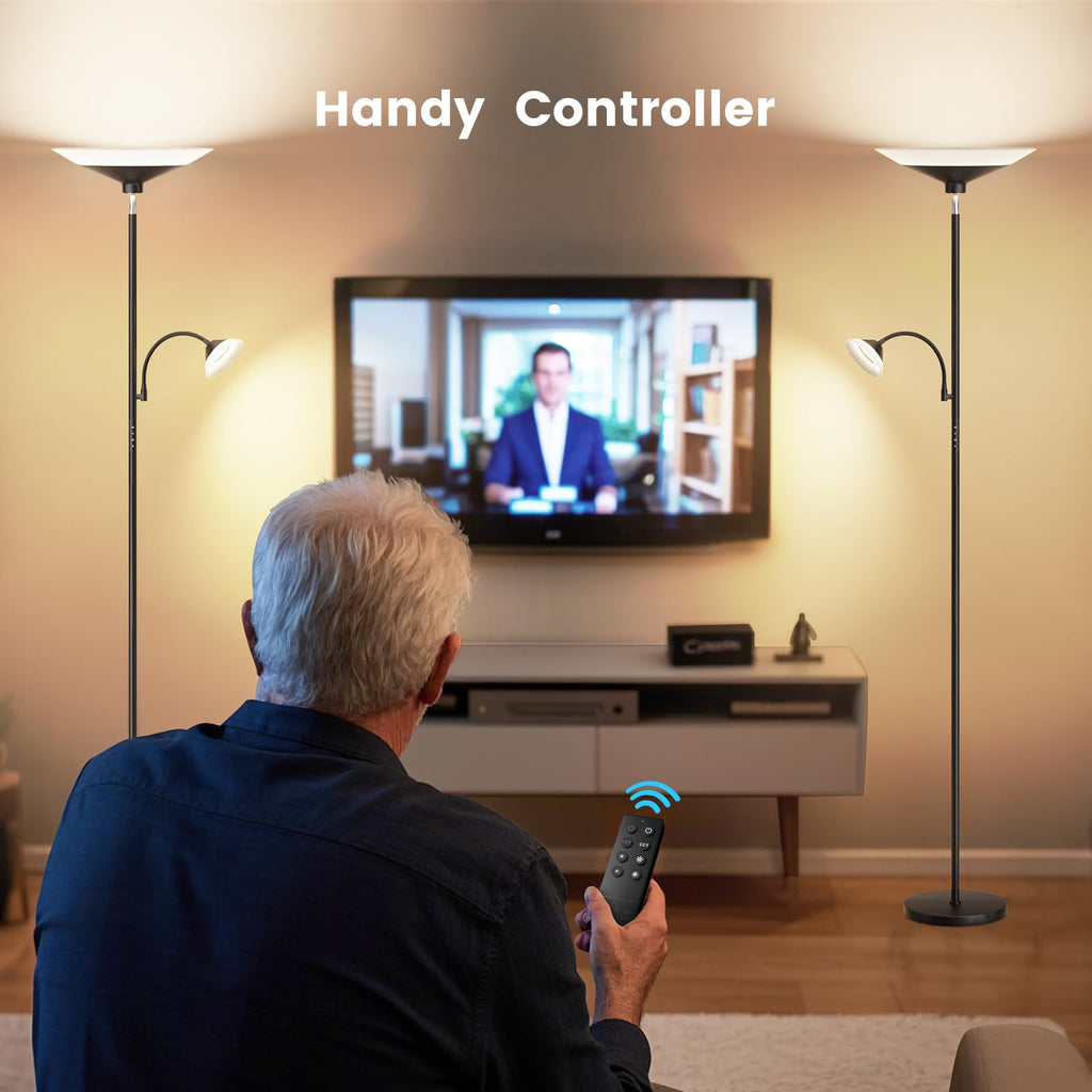 2-in-1 Torchiere Floor Lamp, Dimmable, Remote & Touch Control, 34W, Black, Modern Corner Lighting for Home