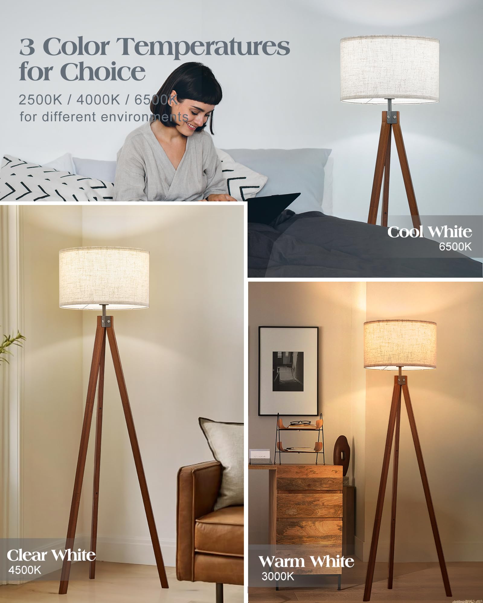 Solid Wood Tripod Floor Lamp, Mid Century Modern with 3 Color Temperatures, Brown, Nature Linen Shade for Bedroom & Office
