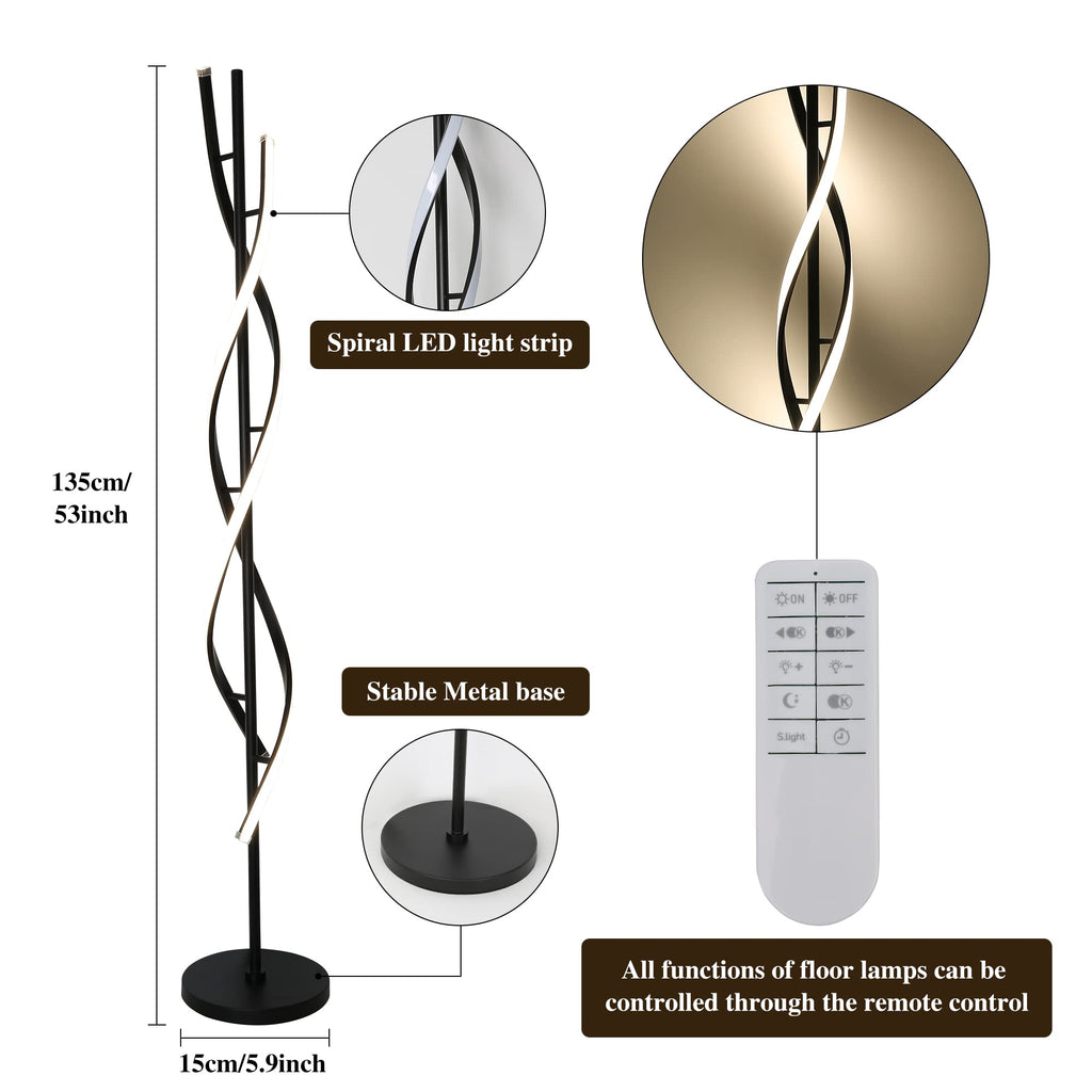 Modern Spiral Floor Lamp, 53" Black Dimmable LED Corner Lamp with Remote Control