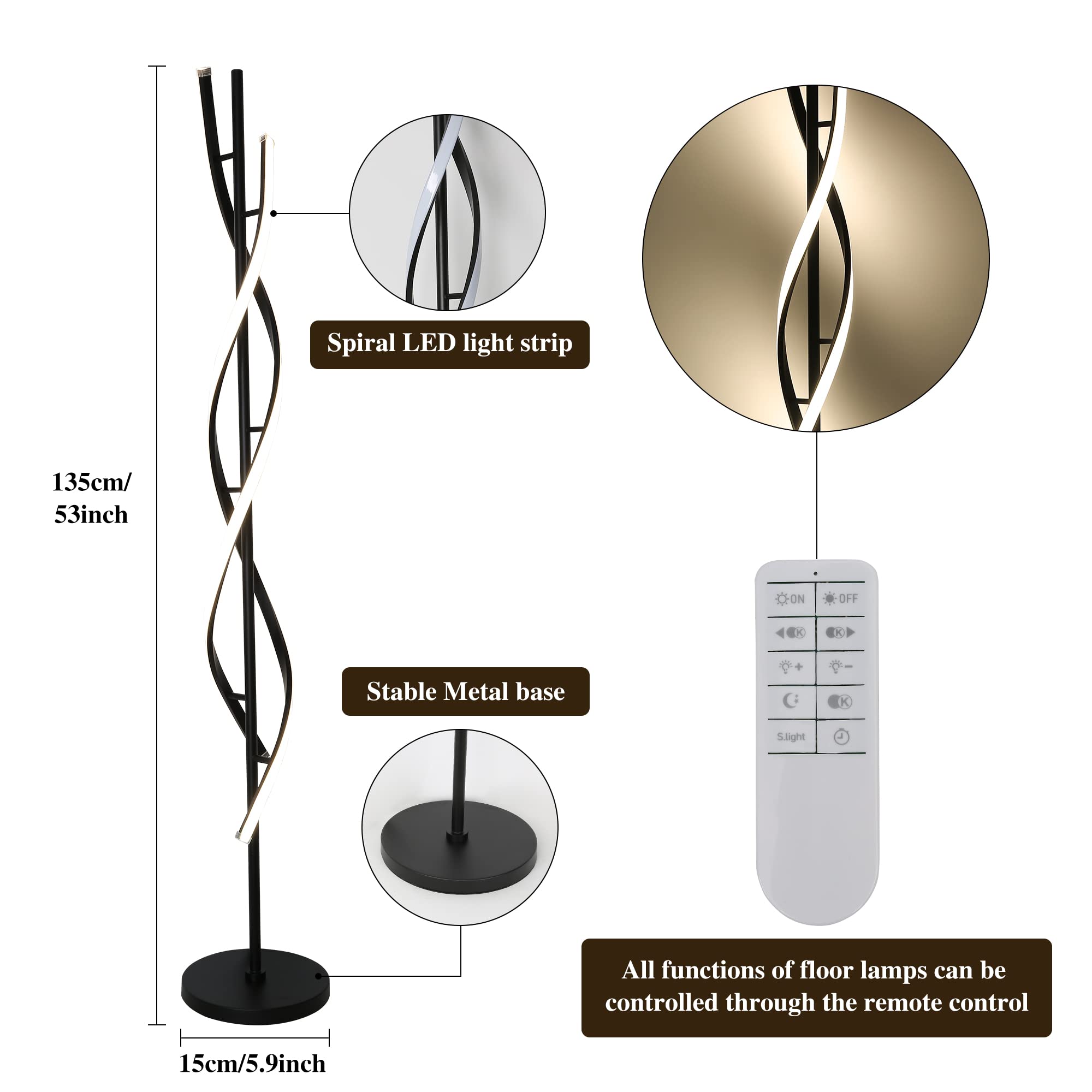 Modern Spiral Floor Lamp, 53" Black Dimmable LED Corner Lamp with Remote Control