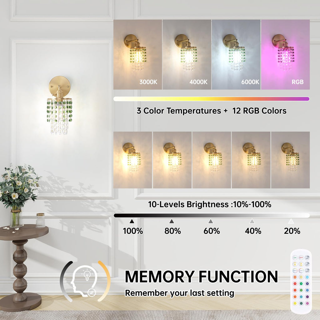 Crystal Wall Sconce Set of 2, Rechargeable, Dimmable, 5400mAh Battery, Green-Gold Base, Modern Design for Bedroom & Bathroom