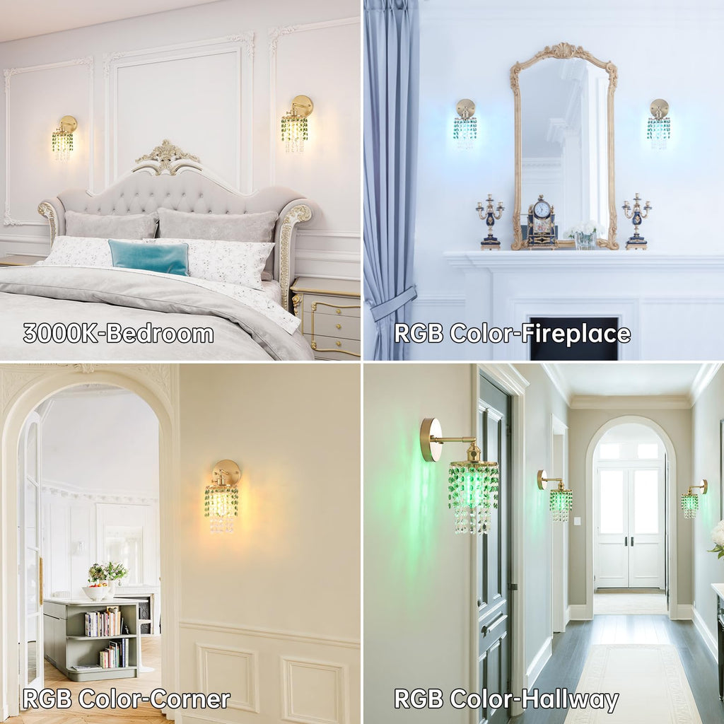 Crystal Wall Sconce Set of 2, Rechargeable, Dimmable, 5400mAh Battery, Green-Gold Base, Modern Design for Bedroom & Bathroom