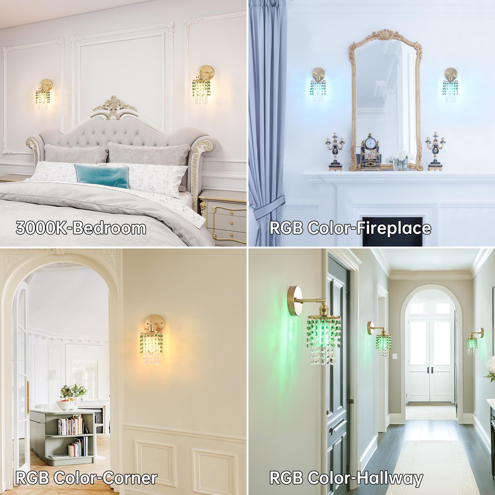 Crystal Wall Sconce Set of 2, Rechargeable, Dimmable, 5400mAh Battery, Green-Gold Base, Modern Design for Bedroom & Bathroom