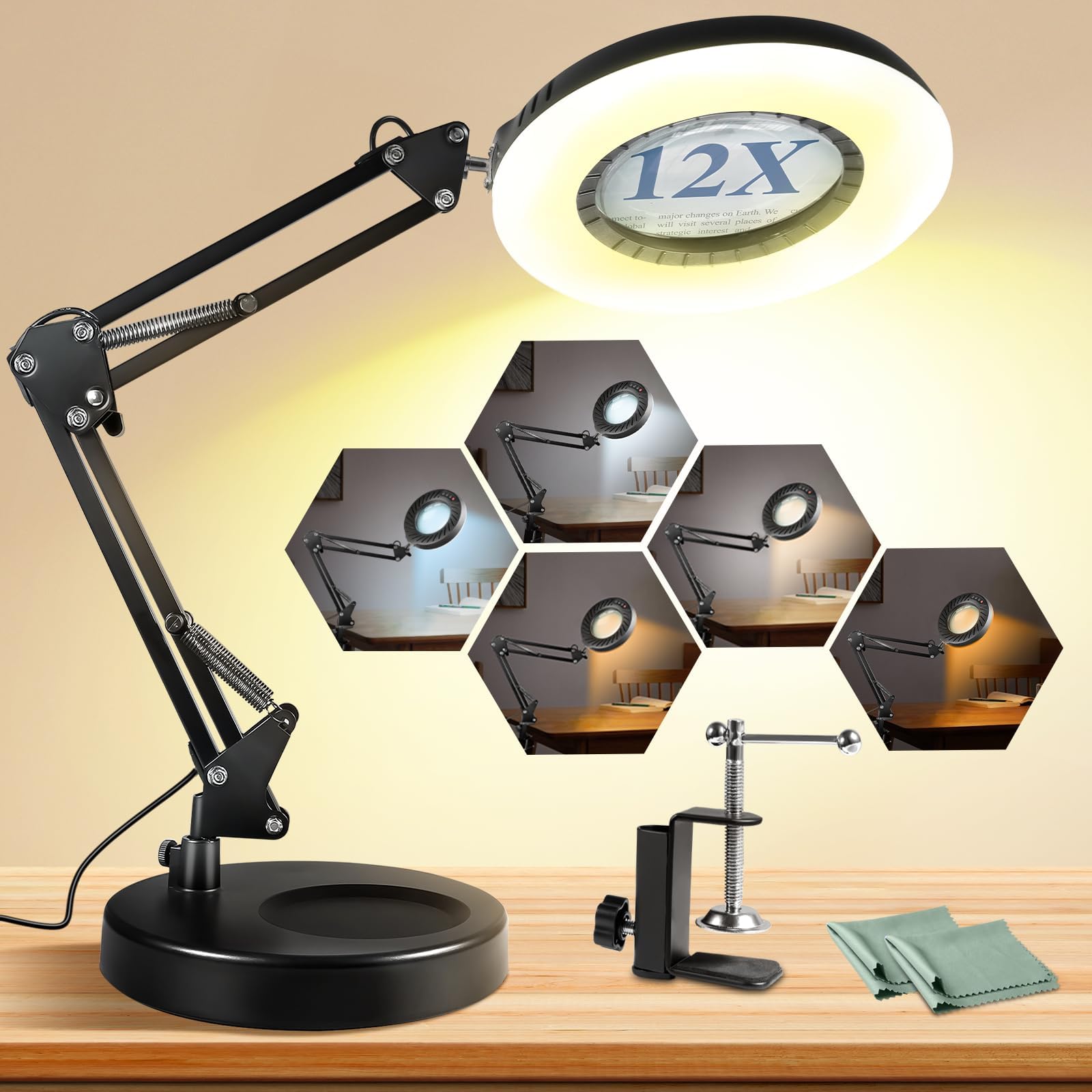 12X Magnifying Glass with Light, 144 LEDs, 10 Dimmable Brightness, Black, Hands-Free Desk Lamp for Crafts