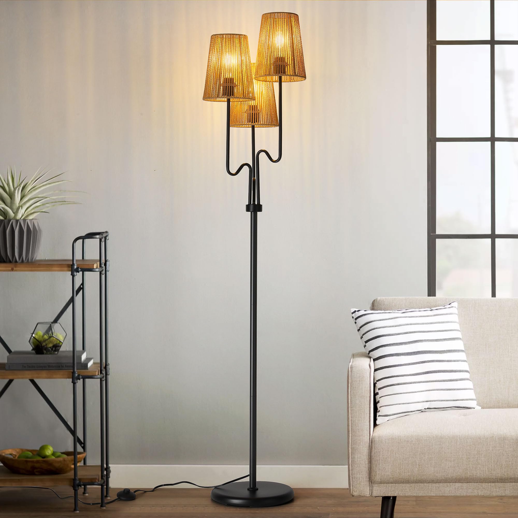 Floor Lamp - 68in Rattan Shade, 3 Light Tree Design, Black, Metal & Woven, Ideal for Rustic & Coastal Decor