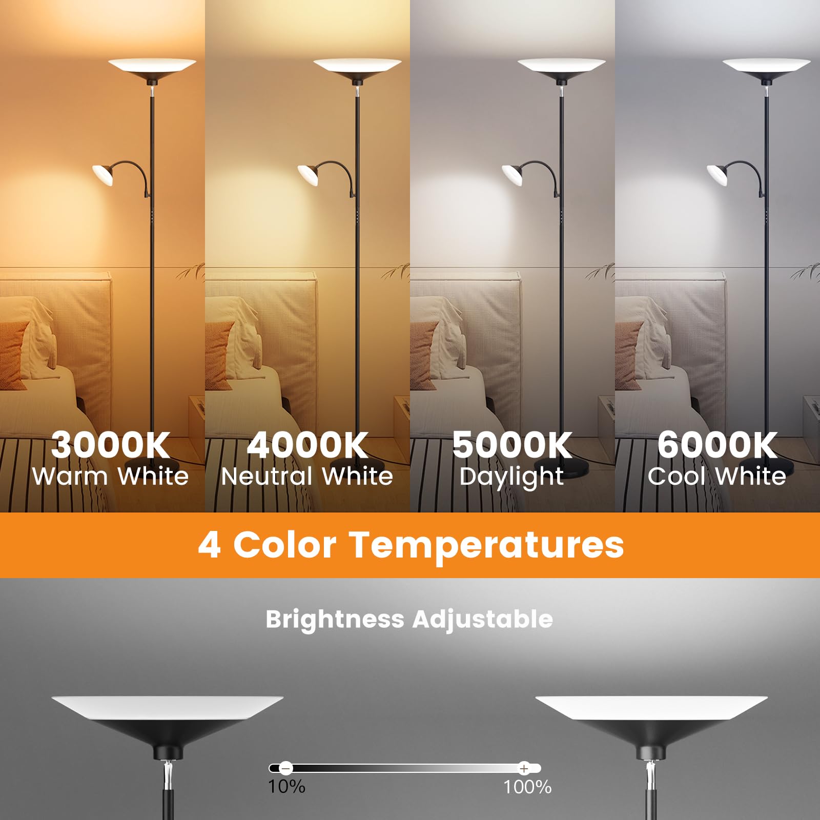 2-in-1 Torchiere Floor Lamp, Dimmable, Remote & Touch Control, 34W, Black, Modern Corner Lighting for Home