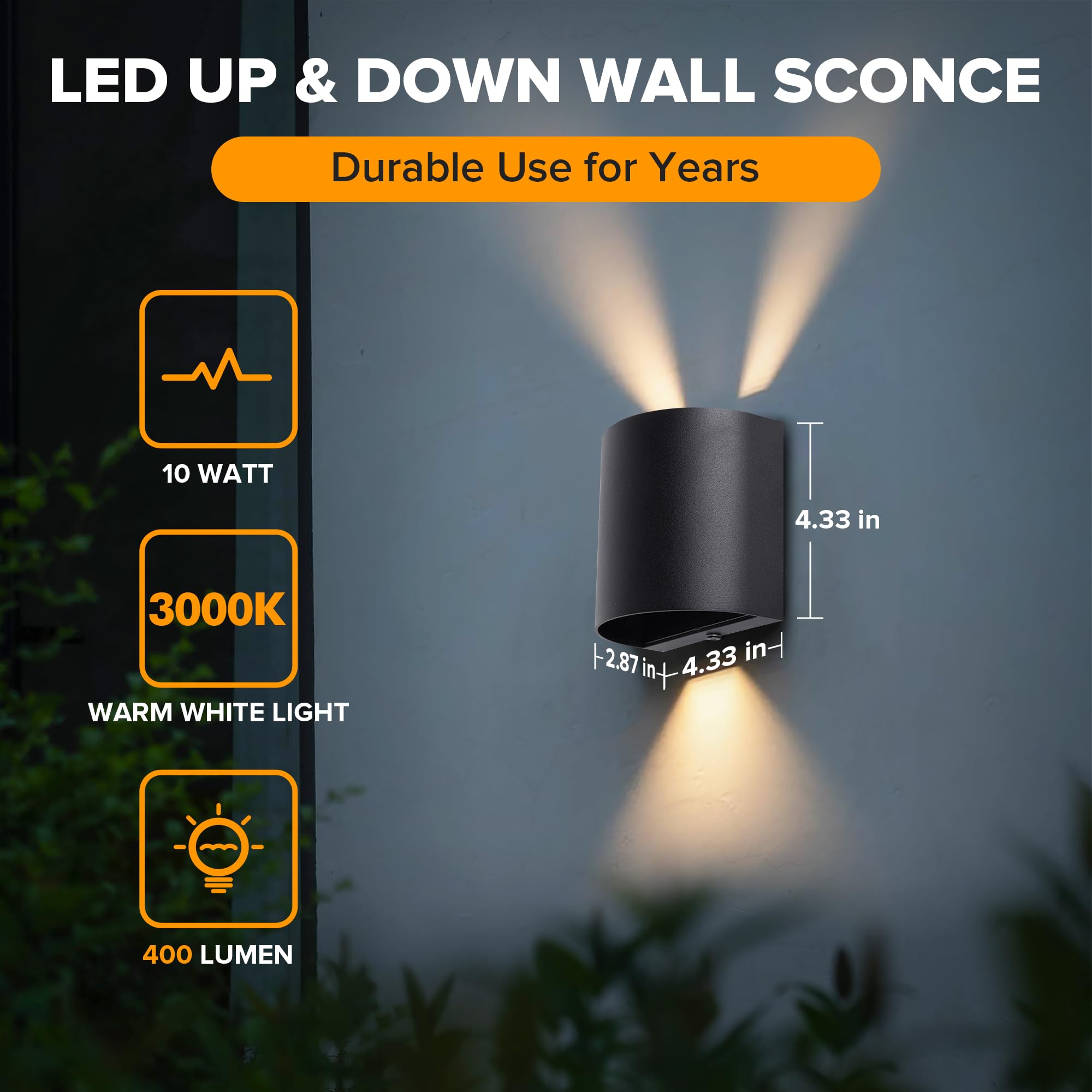 2-Pack LED Wall Lights, 10W, 400LM, 3000K Warm White, IP65 Waterproof, Aluminum, Black