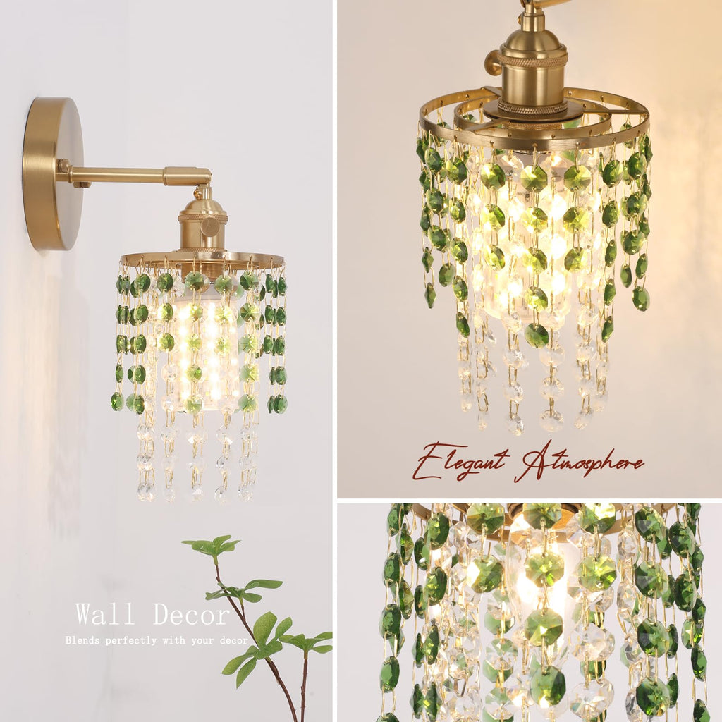 Crystal Wall Sconce Set of 2, Rechargeable, Dimmable, 5400mAh Battery, Green-Gold Base, Modern Design for Bedroom & Bathroom