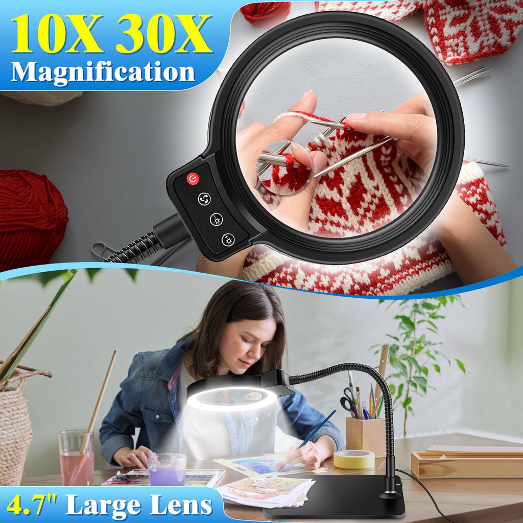 30X 10X Magnifying Glass with Light, 72 LED, Dimmable, Hands-Free Desk Lamp, Medium Size, Black