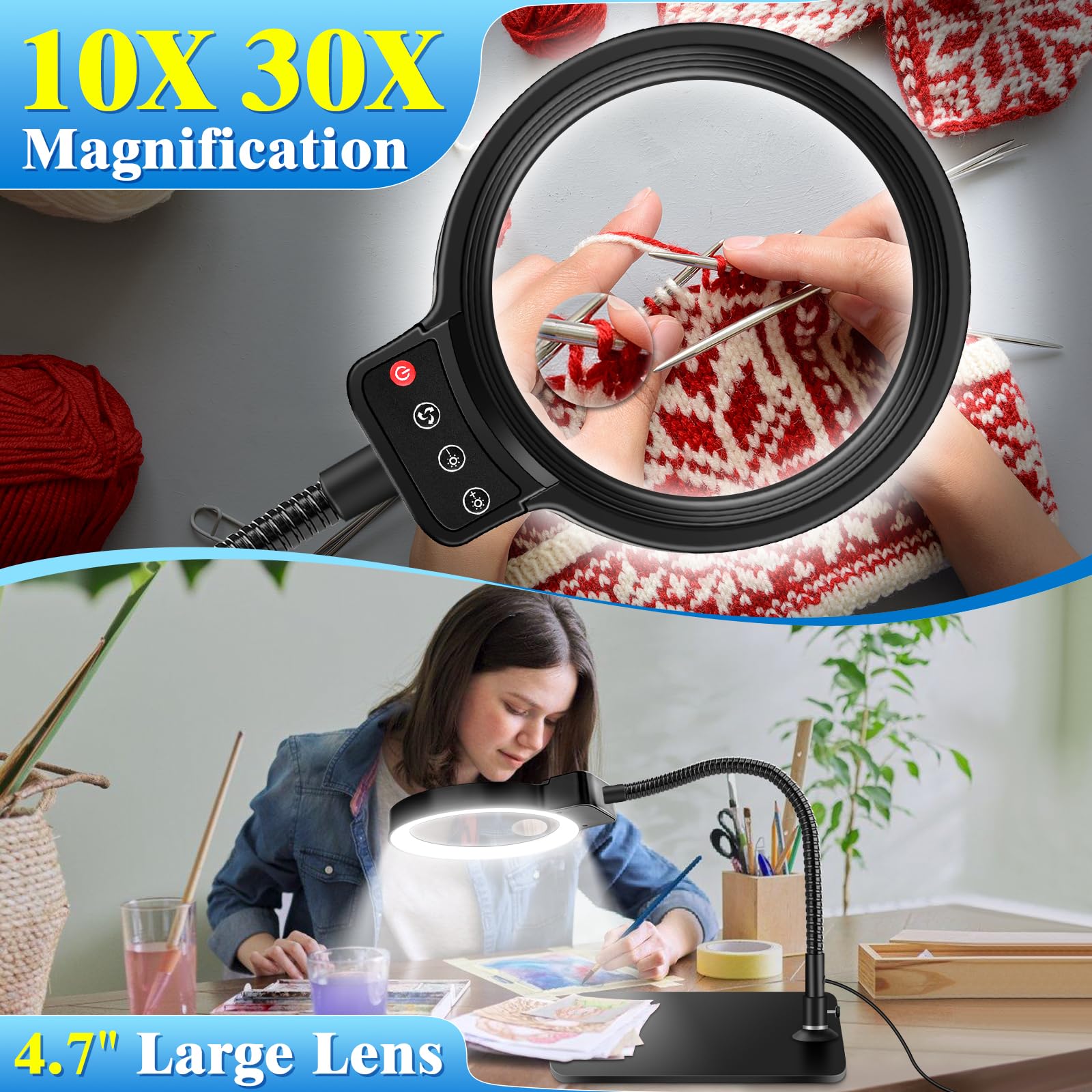 30X 10X Magnifying Glass with Light, 72 LED, Dimmable, Hands-Free Desk Lamp, Medium Size, Black