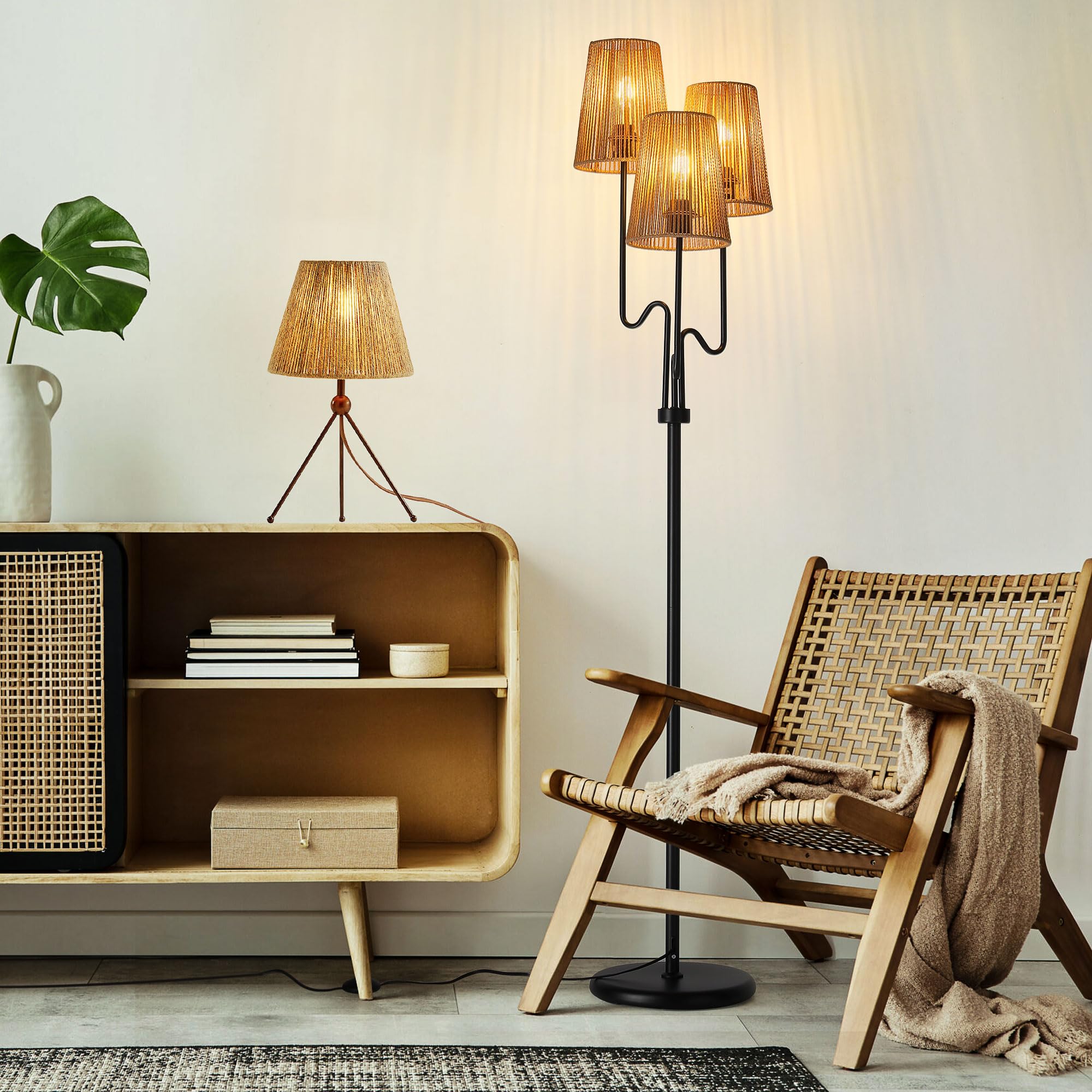 Floor Lamp - 68in Rattan Shade, 3 Light Tree Design, Black, Metal & Woven, Ideal for Rustic & Coastal Decor