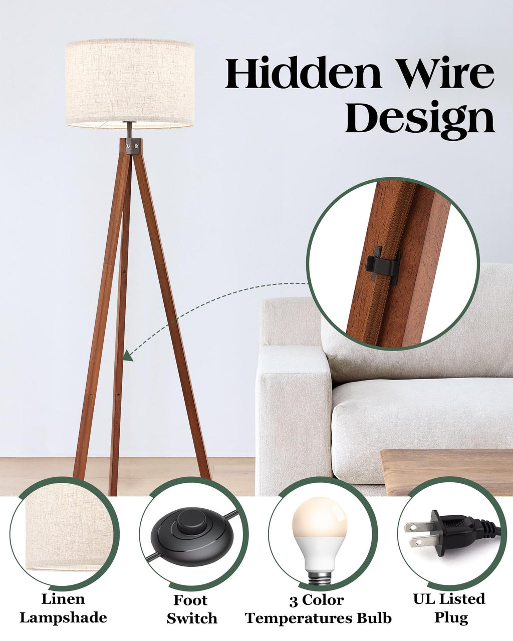 Solid Wood Tripod Floor Lamp, Mid Century Modern with 3 Color Temperatures, Brown, Nature Linen Shade for Bedroom & Office