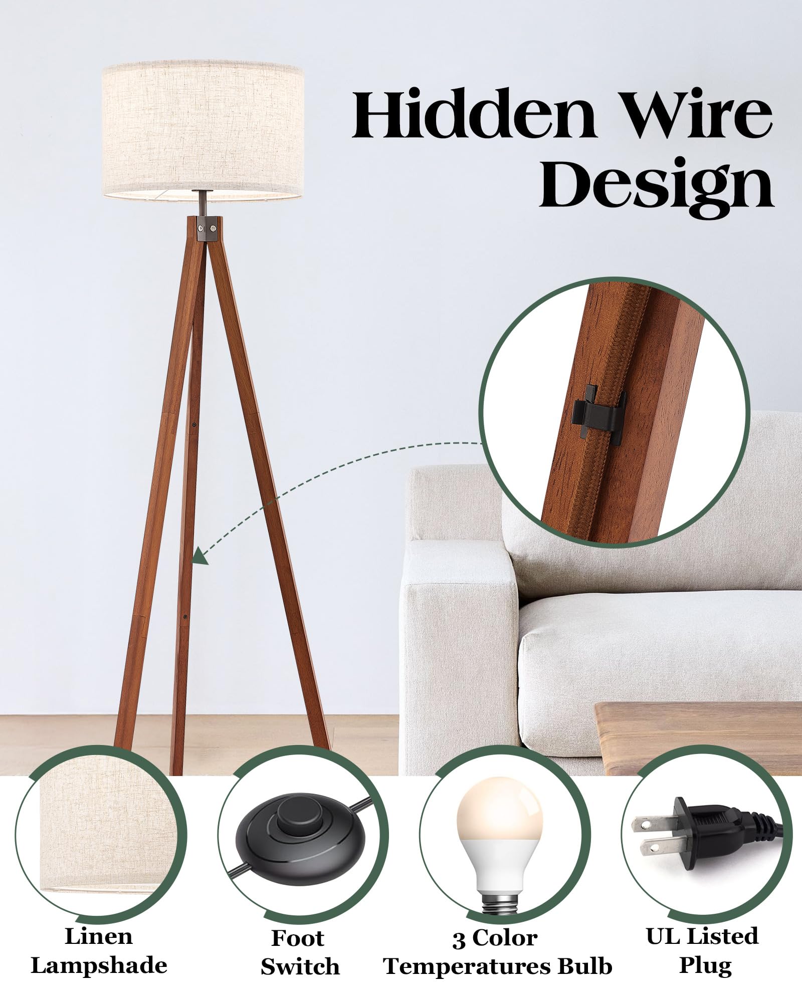 Solid Wood Tripod Floor Lamp, Mid Century Modern with 3 Color Temperatures, Brown, Nature Linen Shade for Bedroom & Office