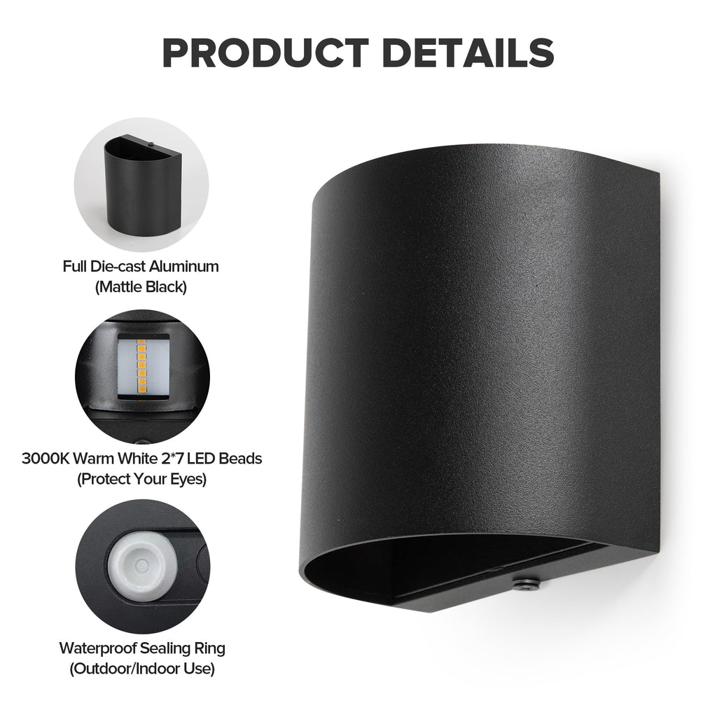 2-Pack LED Wall Lights, 10W, 400LM, 3000K Warm White, IP65 Waterproof, Aluminum, Black