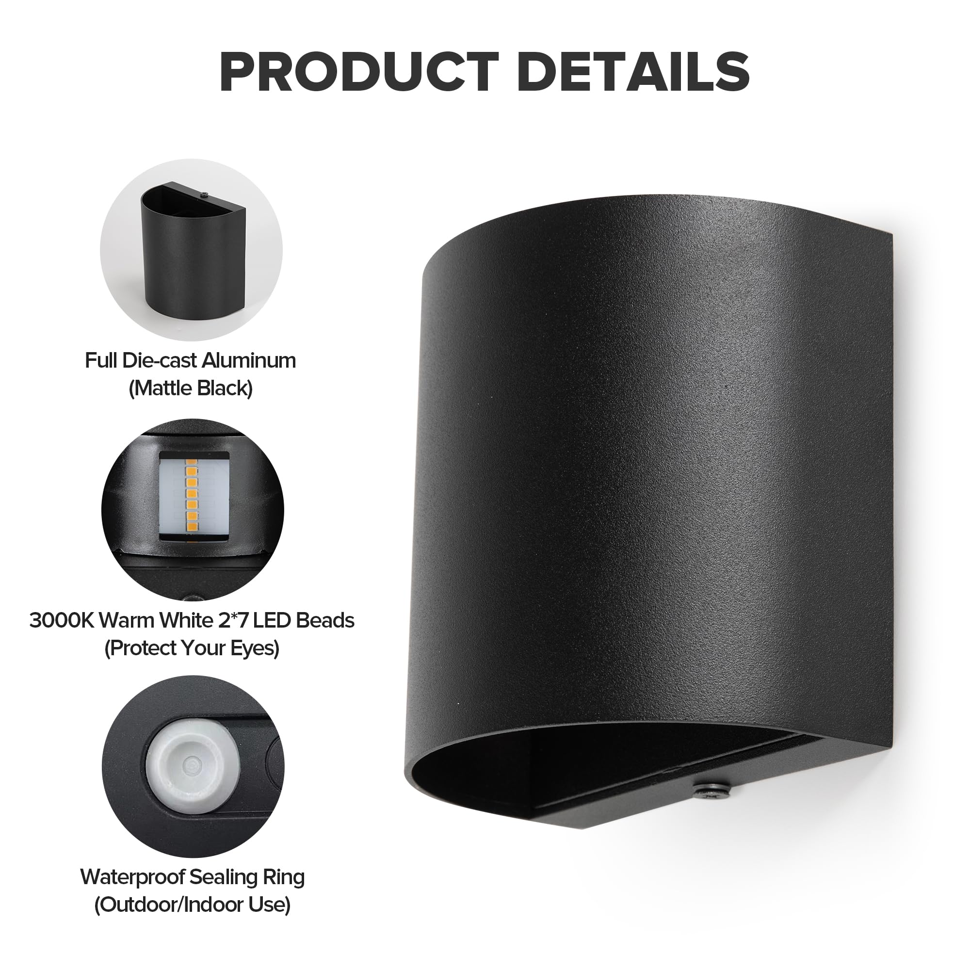 2-Pack LED Wall Lights, 10W, 400LM, 3000K Warm White, IP65 Waterproof, Aluminum, Black