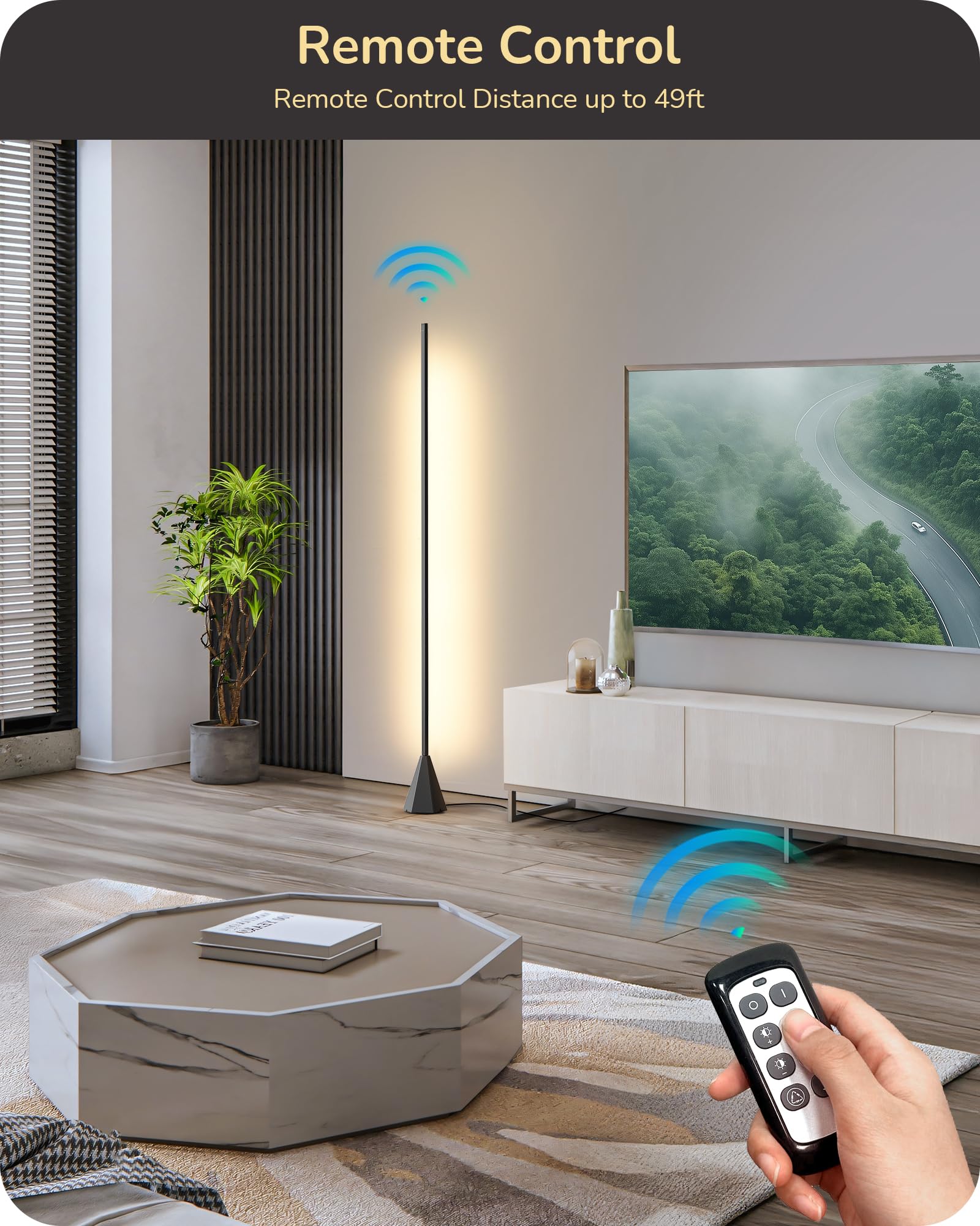 LED Corner Floor Lamp, Standing Light with Motion Sensor, 2700K-6500K Eye Caring Dimmable Lamps with Remote Control