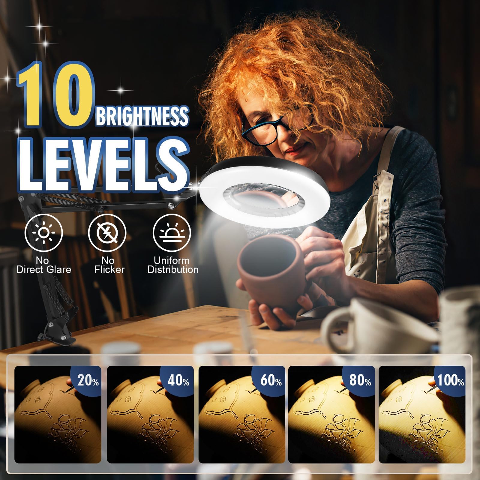 12X Magnifying Glass with Light, 144 LEDs, 10 Dimmable Brightness, Black, Hands-Free Desk Lamp for Crafts