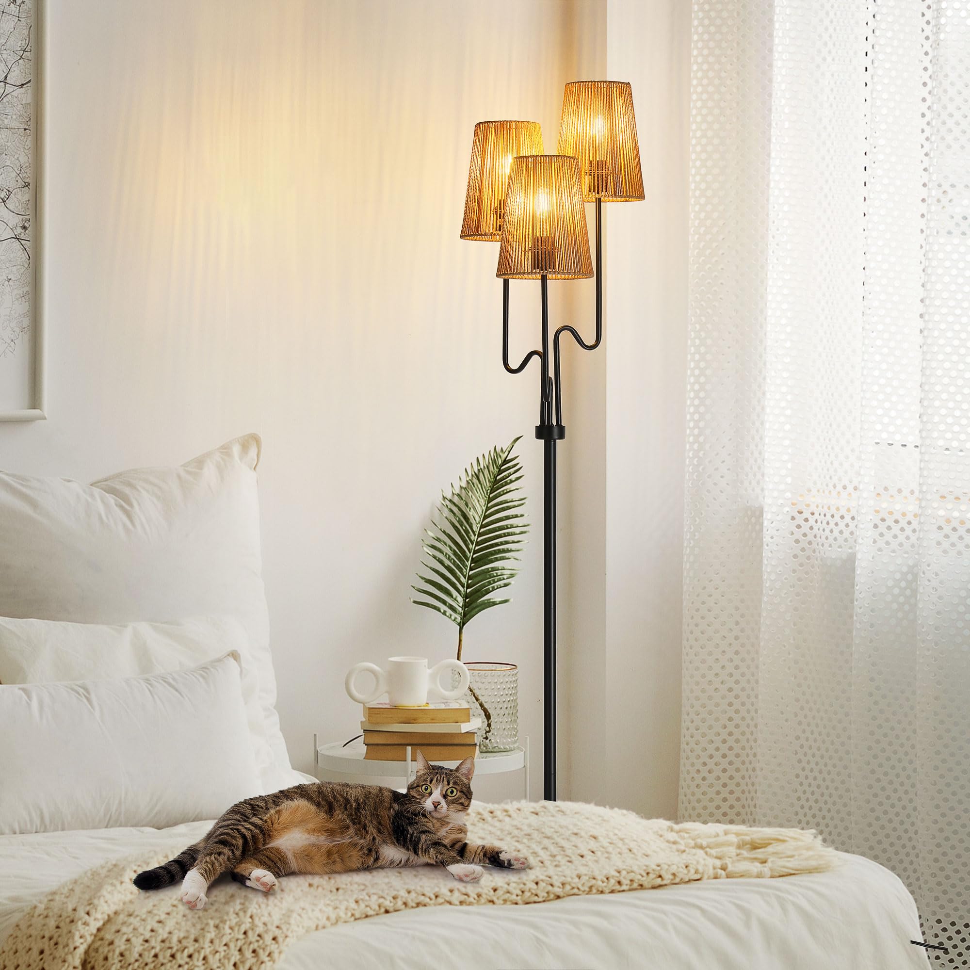 Floor Lamp - 68in Rattan Shade, 3 Light Tree Design, Black, Metal & Woven, Ideal for Rustic & Coastal Decor
